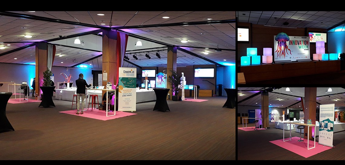 décor pour événement, décor de scène, décor événementiel, agencement de décor, agencement d'espace pour un événement, agencement événementiel, scénomob, CCI Vendée, Innovation week, La Roche sur Yon, location de mobilier pour exposant
